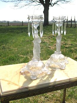 Antique pair couple glass Candlestick Holders Cut Prisms