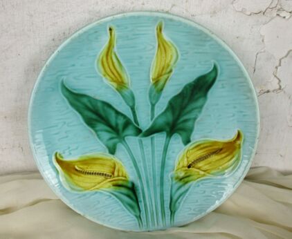 French Plate Majolica Barbotine Faience Flowers Lilies Decorative