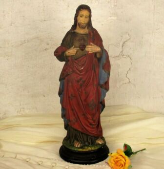 Antique Statue Jesus Christ Sacred Heart Neo Gothic 1900 Polychrome 16.53"