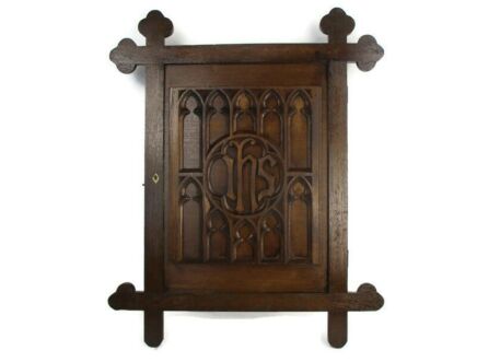 Gothic Hand Carved wooden Church Cabinet Antique Wall Hanging IHS Stunning Rare