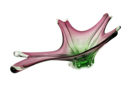 Large Beautiful Art Glass Centerpiece Bowl Fruit Dish Cranberry Green Murano Italy Italian Gorgeous
