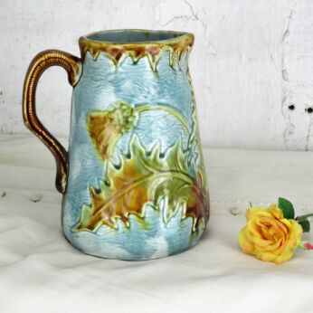 Vintage Antique French Ceramic Pottery Majolica Brown Green Leafs Jar Pitcher