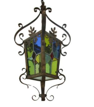 French Lantern Pendant Chandelier Leaded Colored Glass Wrought Iron HTF 1 Light