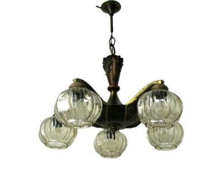 Art Deco 1920s Chandelier Lamp Brass Wood Ornate Glass Shades 5 arms Lights