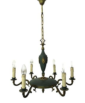 French Empire Chandelier Green Tole Brass 6 arms Hollywood Regency Beautiful
