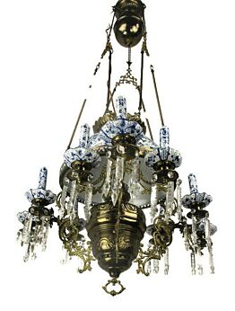 Antique Delft Blue White Porcelain Brass Chandelier Dutch 1 Light Exquisite