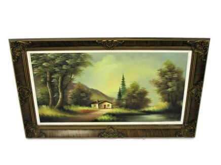 Lovely Cabin Landscape Oil Painting Canvas Framed Gorgeous Frame Signed Re-sine Gold Gilded