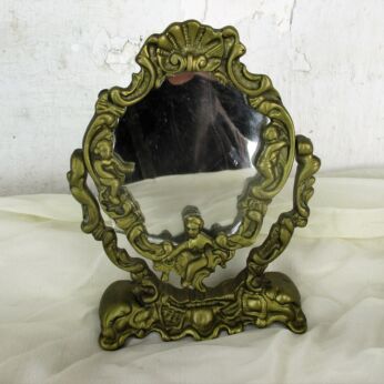 Small Rococo Ornate Brass Standing Adjustable Swivel Makeup Vanity Mirror Angels