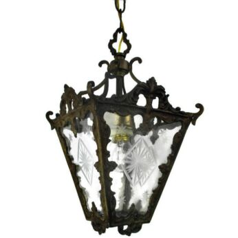 Vintage Lantern Ornate Brass Etched Glass Chandelier Pendant Shade Lovely
