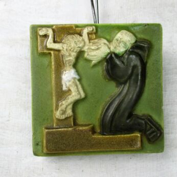 Wall Plaque Hanging Ceramic Tiles Saint Francis Assisi Carrying Jesus Crucifix