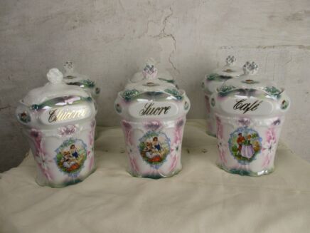 6 French Vintage Antique Porcelain Bisque Canisters Jars Spices Victorian scenes