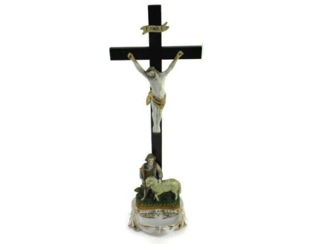 Antique Porcelain D' Andenne Standing Crucifix Holy Water Font Lamb of God