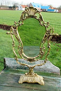 Large Antique French Brass Rococo Adjustable Beveled Glass Mirror Ornate Vintage