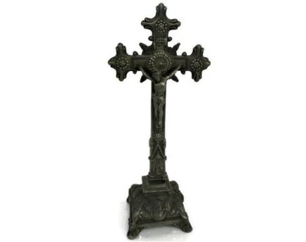 Vintage Standing Crucifix Jesus Christ Cross Ornate Angels at Feet Spelter Beautiful
