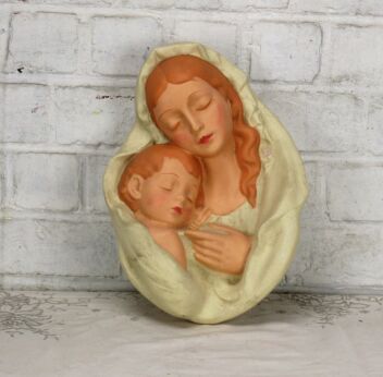 Vintage Plaster Virgin Mary Jesus Infant Child Madonna Plaque Figurine