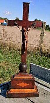 Antique 19th century standing Crucifix completely Carved Wood Inlay Gorgeous