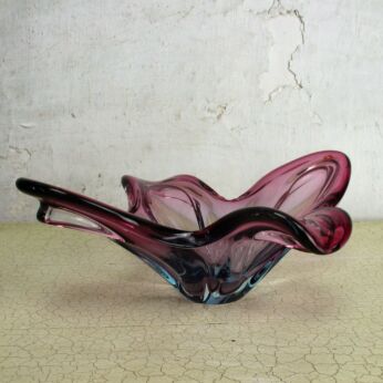 Italian Cranberry Blue Bowl Dish Centerpiece Basket era Murano Seguso Art Glass