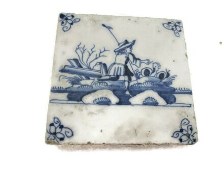 1800 Antique Delft Tile Dutch Decorative Candelabrum Fisherman Blue White HTF