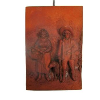 Wall Panel Bas Relief Tableaux Plaque Terra Cotta Shepherd Couple Sealed French