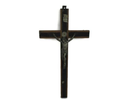 Two toned Vintage Wooden Hanging Crucifix Cross Gorgeous Spelter Corpus Jesus Christ 17.91"