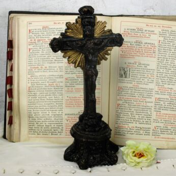 Large Holy Water Font Two toned Standing Crucifix Plaster Gold Black HTF 13.77"