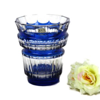 Val St Lambert Art Glass Crystal Bolero Iconic Vase Etched Signed Cobalt Blue