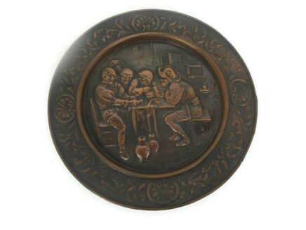 Large Hammered Red Copper Wall Plate Decorative Brueghel Scene Men playing cards Belgian Ovemac 14.17"