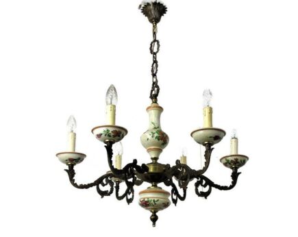 Mid Century Romantic Chandelier Pendant 6 arm Lights Brass Porcelain Flowers