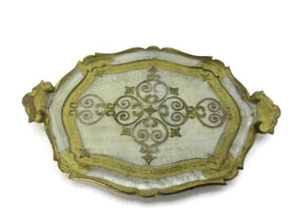Large Mid Century Italy Hollywood Regency Florentine Serving Tray White Gold Resin Decoration Ornate