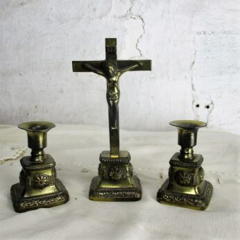 Small Table Altar Set Crucifix 2 candle Holders Brass Cross Jesus Christ