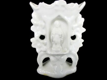 Miniature Antique Porcelain Fan Flair Bridal Vase ornate white Saint Figurine St Rocchus? Collector 3.93"