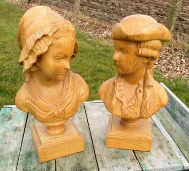 Vintage Couple Man Woman Bust Statuette Hand Made Carved Wood Folk art