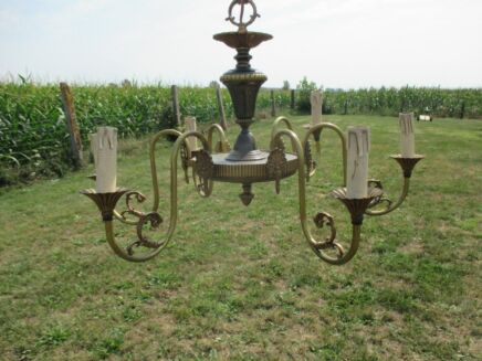 Vintage French Empire Style Chandelier 6 Arms Lights Green Shade Brass Stunning