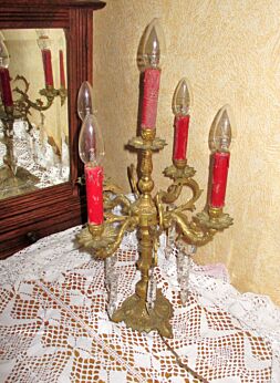 Antique Large Brass Ornate 5 Arm Candle Holder Candelabra Crystal Prisms Lamp