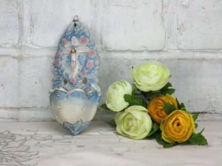 Antique Holy Water Font Porcelain Wall Hanging Vessel Blue Jesus Roses Crucifix