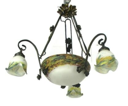 Art Nouveau Deco French Pate de Verre Wrought Iron Chandelier 4 Shades Beautiful