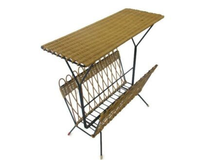 Vintage Rattan Wicker Magazine Newspaper Basket Rack Hobo Chick Barn Country