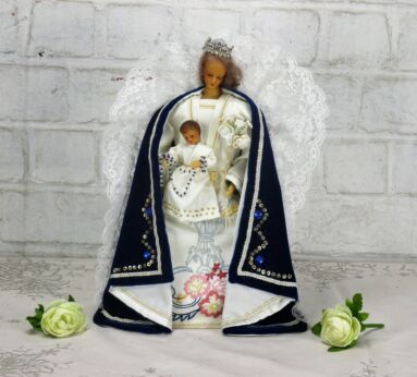 Lovely vintage Madonna Virgin Mary Infant Jesus Wax Doll Figurine Blue Coat