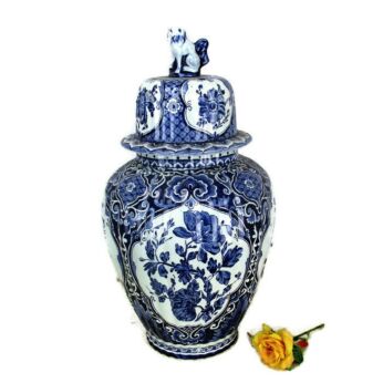 Large Royal Sphinx Maastricht Delft Vase Urn Marked Blue White Foo Dog 18.5"