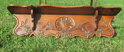 Antique Hand Carved Coat Hat Rack Wood Shell Leaves Ornate Lovely 5 Hooks