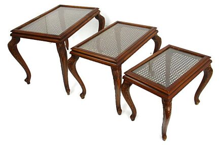 Vintage set of 3 Wooden Nesting Side Tables Cane Rush Glass Table Tops Louis XV