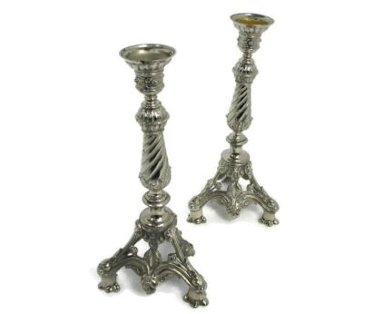 Pair Couple Gothic  Candle Holders Candlesticks  Lion Feet Ornate Embossed Spelter Lion Claws Silver Colored