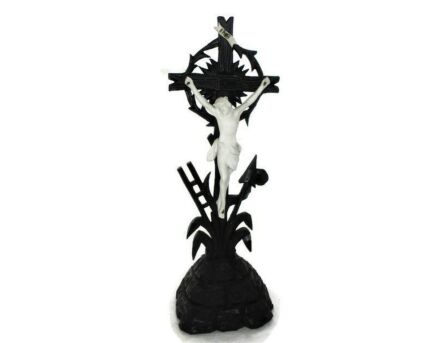 Carved Wood Jesus Christ Table Standing Crucifix Cross Beautiful Porcelain Corpus tools of Passion 13.58"