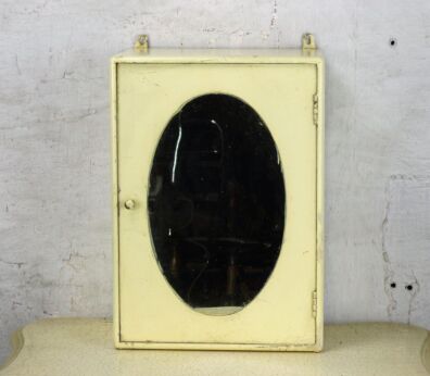 Vintage Wood Barn style Kitchen Apothecary Wall Cabinet Oval Glass mirror White