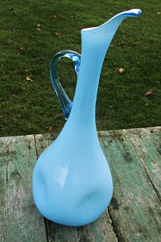 Vintage Azure Blue Mid Century Cased Glass Vase Jug Ear Era Empoli Dents