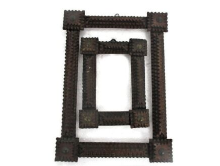couple antique Tramp Art picture frame trench Art Folk Art Layered Handmade