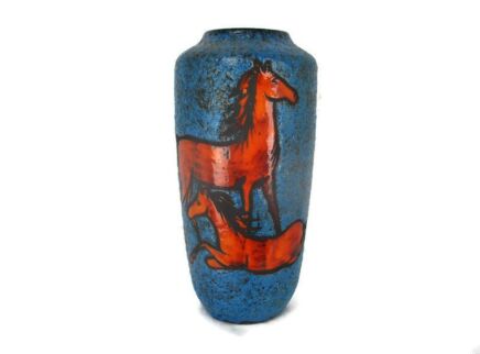 Large Ruschia Vase Horses Blue Red Fat Lava Mid Century Modern Modernist