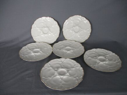 Set of 6 Oyster Plates Porcelain White with Gold Rim Germany Hutchenreuther Vintage Seafood Plates