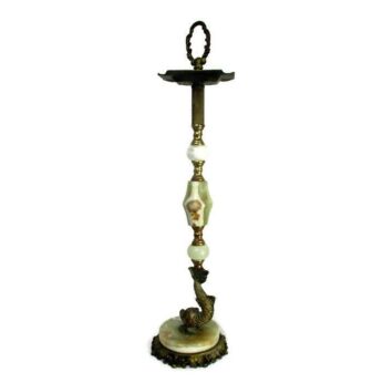 Vintage Brass Marble Standing Floor Ashtray Ornate Embossed Hollywood regency