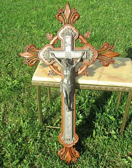 Large Carved Oak Hanging Crucifix Cross Christ Metal Silver Rare WOW 33.07"